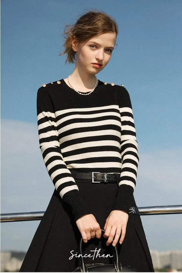 Since Then  |Stripes Wool U-Neck Long Sleeves V-neck & Crew neck