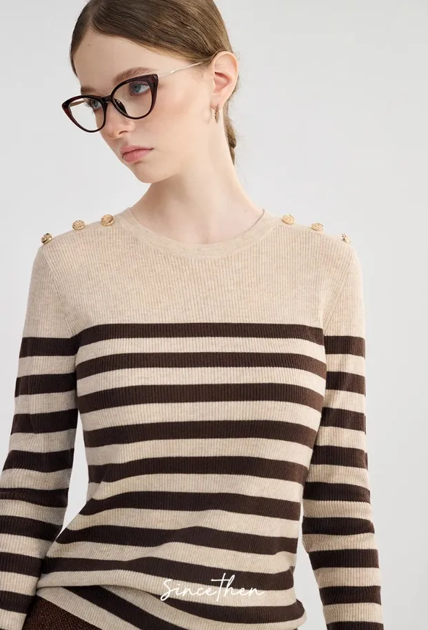 Since Then  |Stripes Wool U-Neck Long Sleeves V-neck & Crew neck