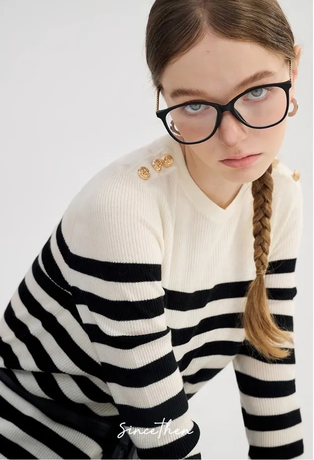 Since Then  |Stripes Wool U-Neck Long Sleeves V-neck & Crew neck