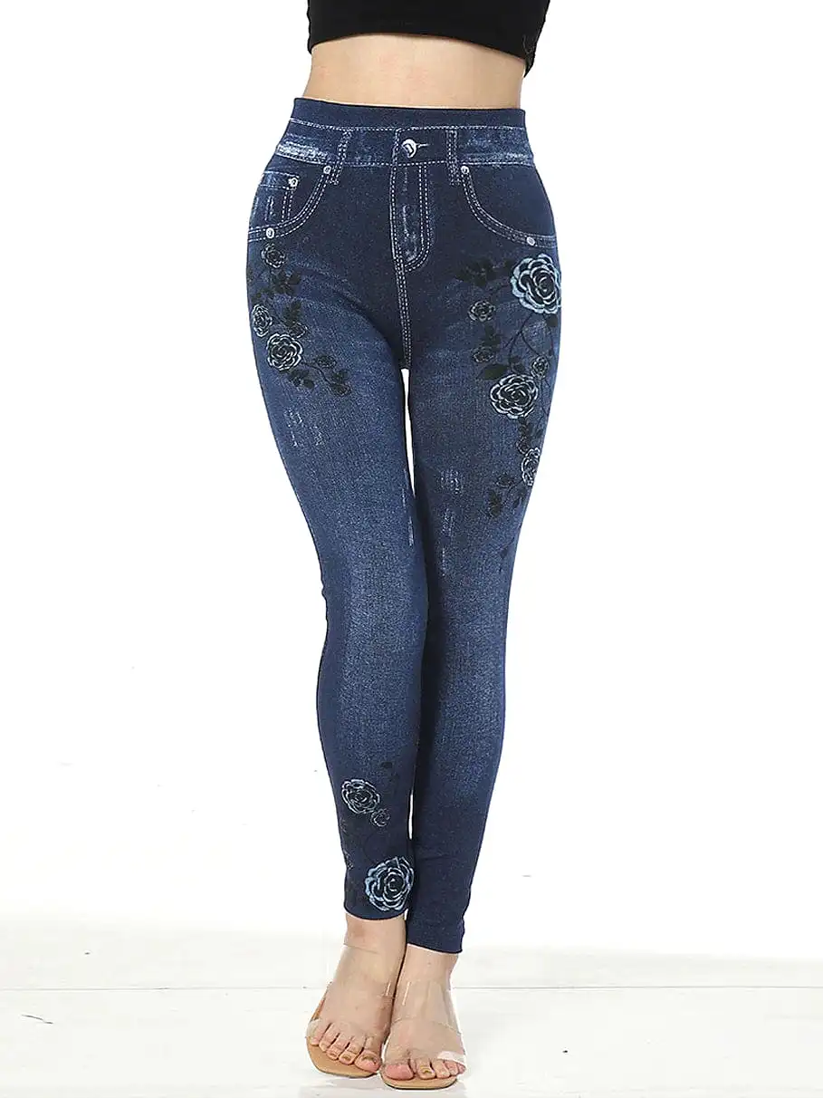 Slim Fit High Waist Ankle-Length Denim Leggings with Pockets