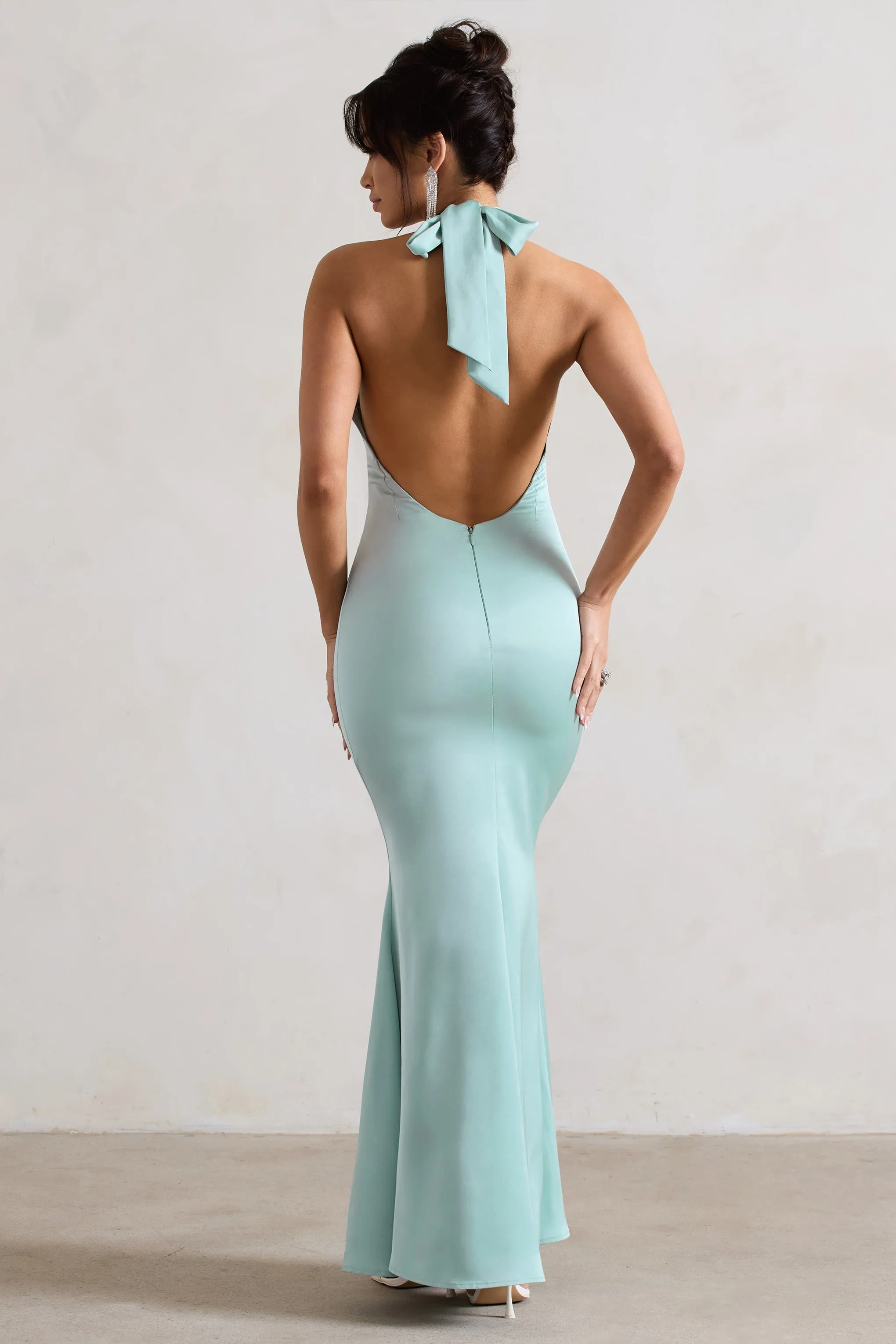 Unbeatable | Mint Green Satin Cross Over Halter-Neck Maxi Dress