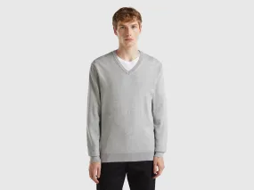 V-neck sweater in pure cotton - Light Gray | Benetton