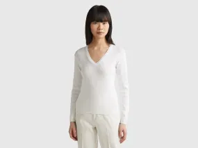 V-neck sweater in pure cotton - White | Benetton