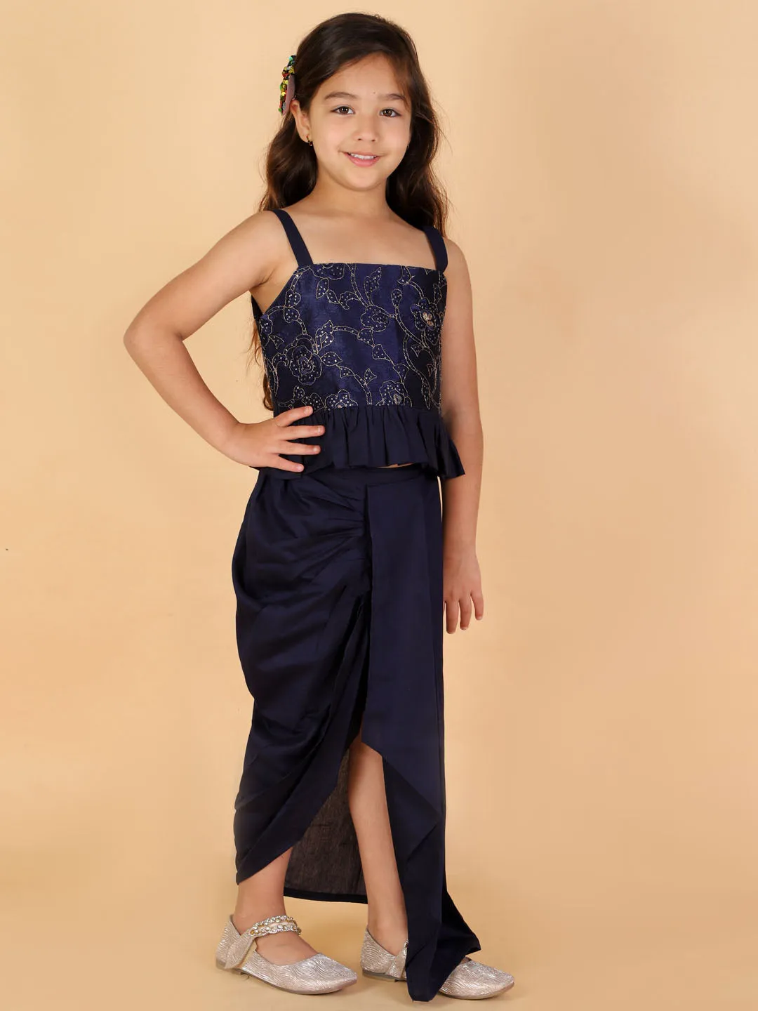 Vastramay Navy Blue Embroidered Silk Blend Siblings Set