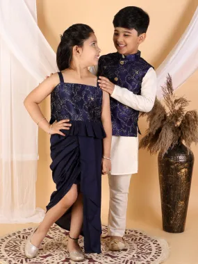 Vastramay Navy Blue Embroidered Silk Blend Siblings Set