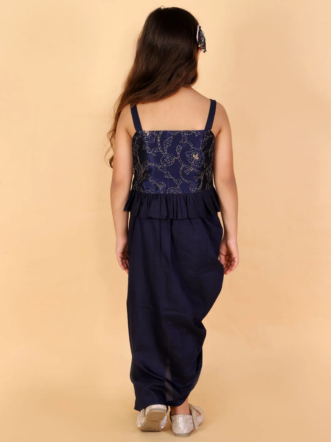 Vastramay Navy Blue Embroidered Silk Blend Siblings Set