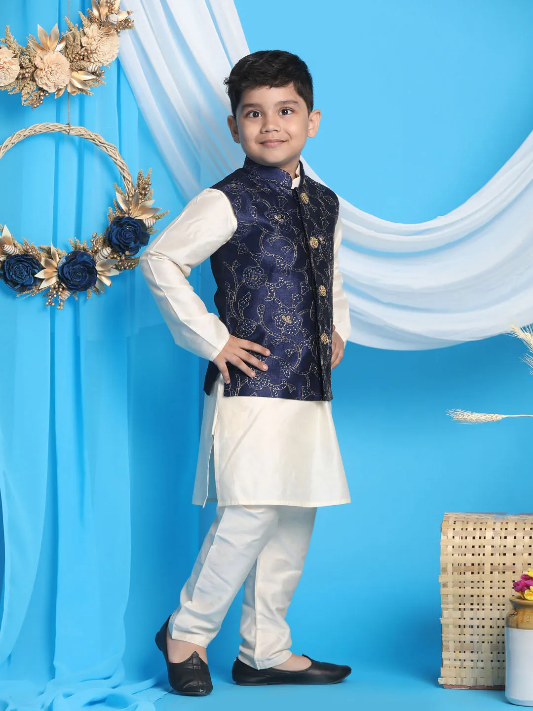 Vastramay Navy Blue Embroidered Silk Blend Siblings Set