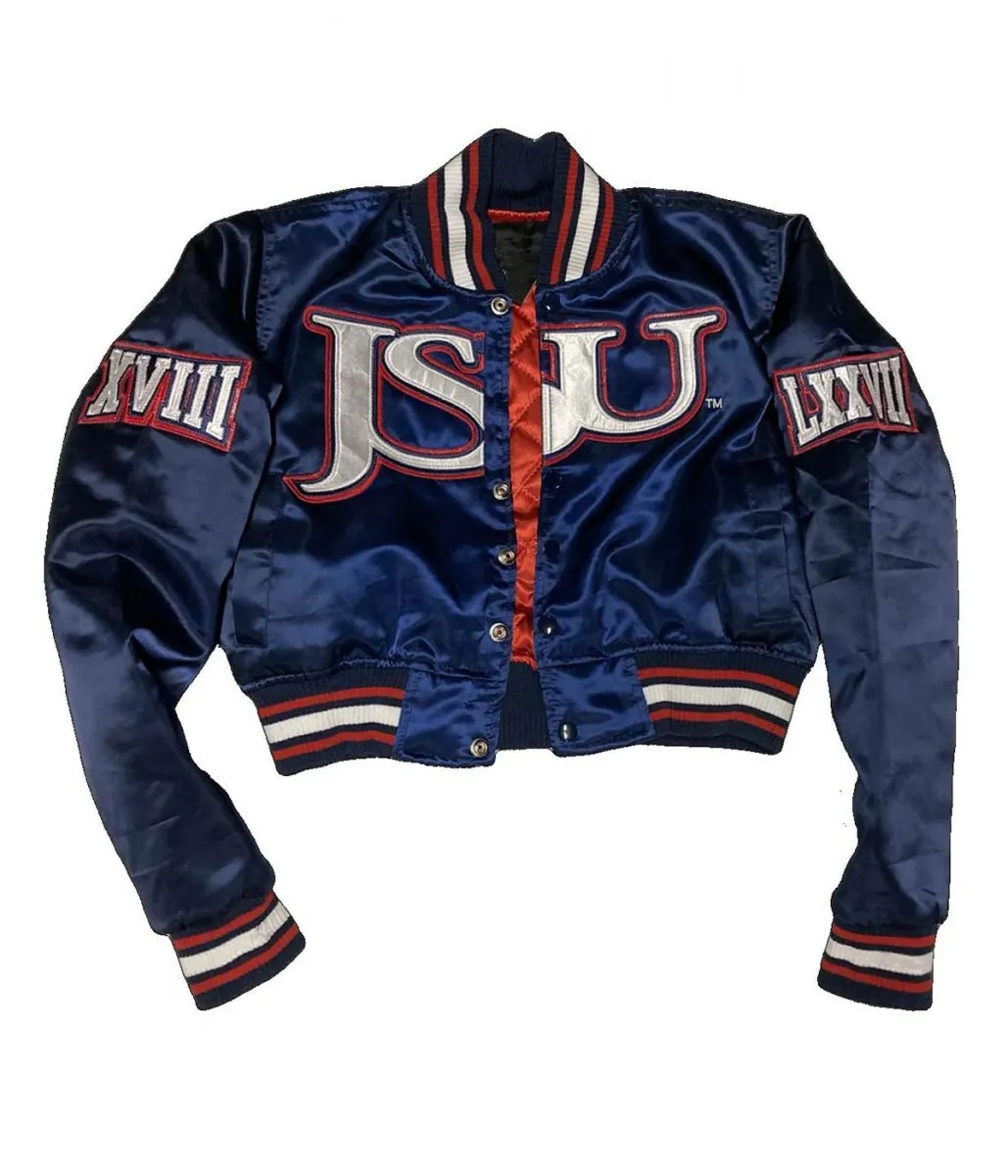 Women’s Embroidered Jackson State University Blue Cropped Jacket