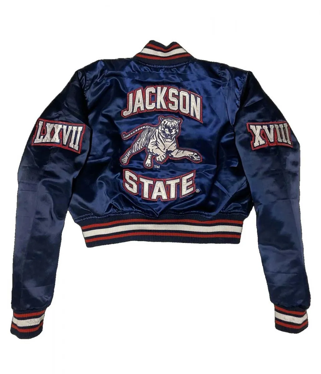 Women’s Embroidered Jackson State University Blue Cropped Jacket