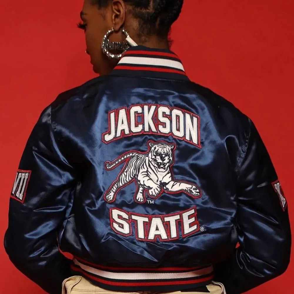 Women’s Embroidered Jackson State University Blue Cropped Jacket