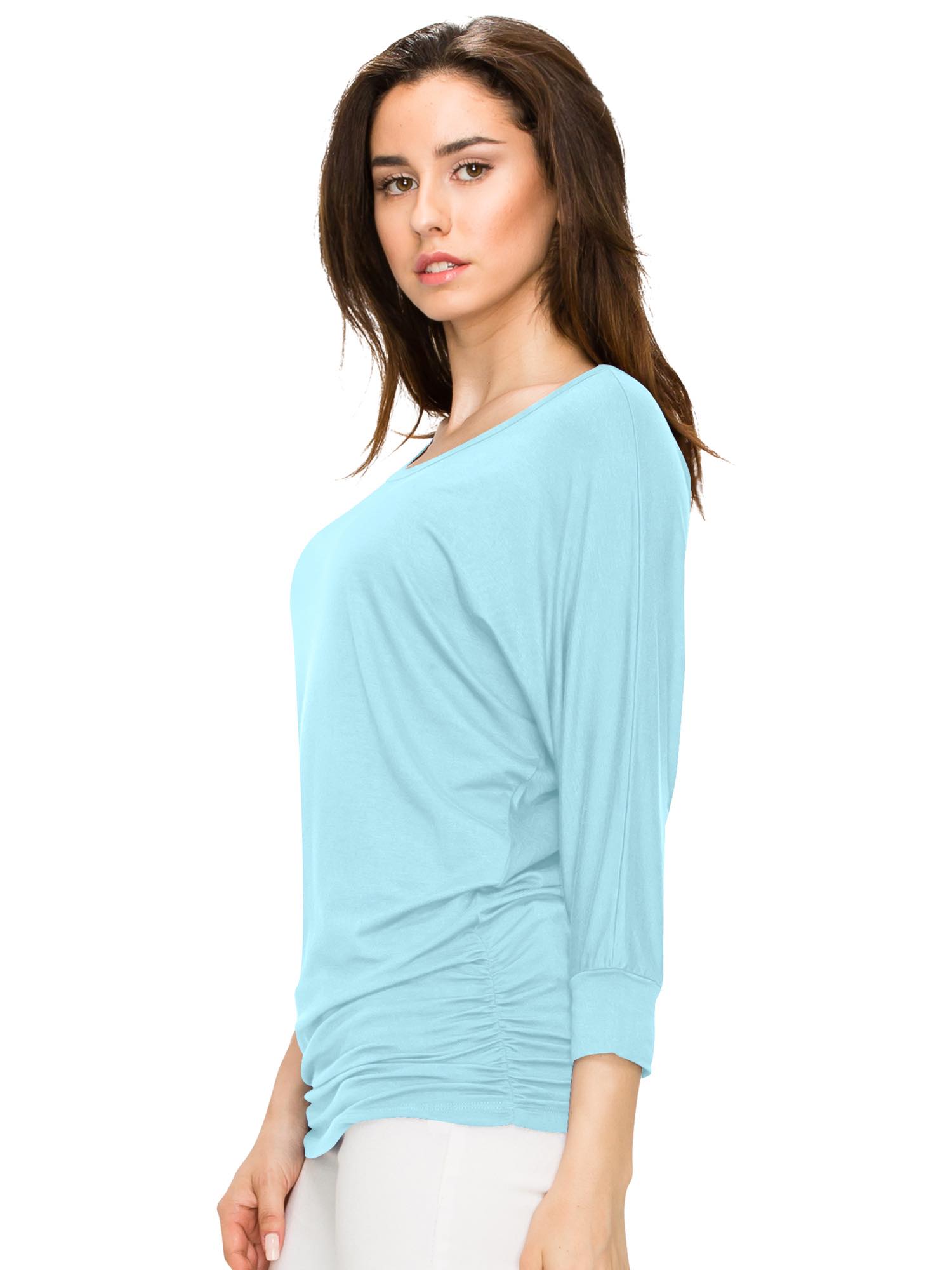 Women's Crew Neck 3/4 Sleeve Drape Dolman Top with Side Shirring