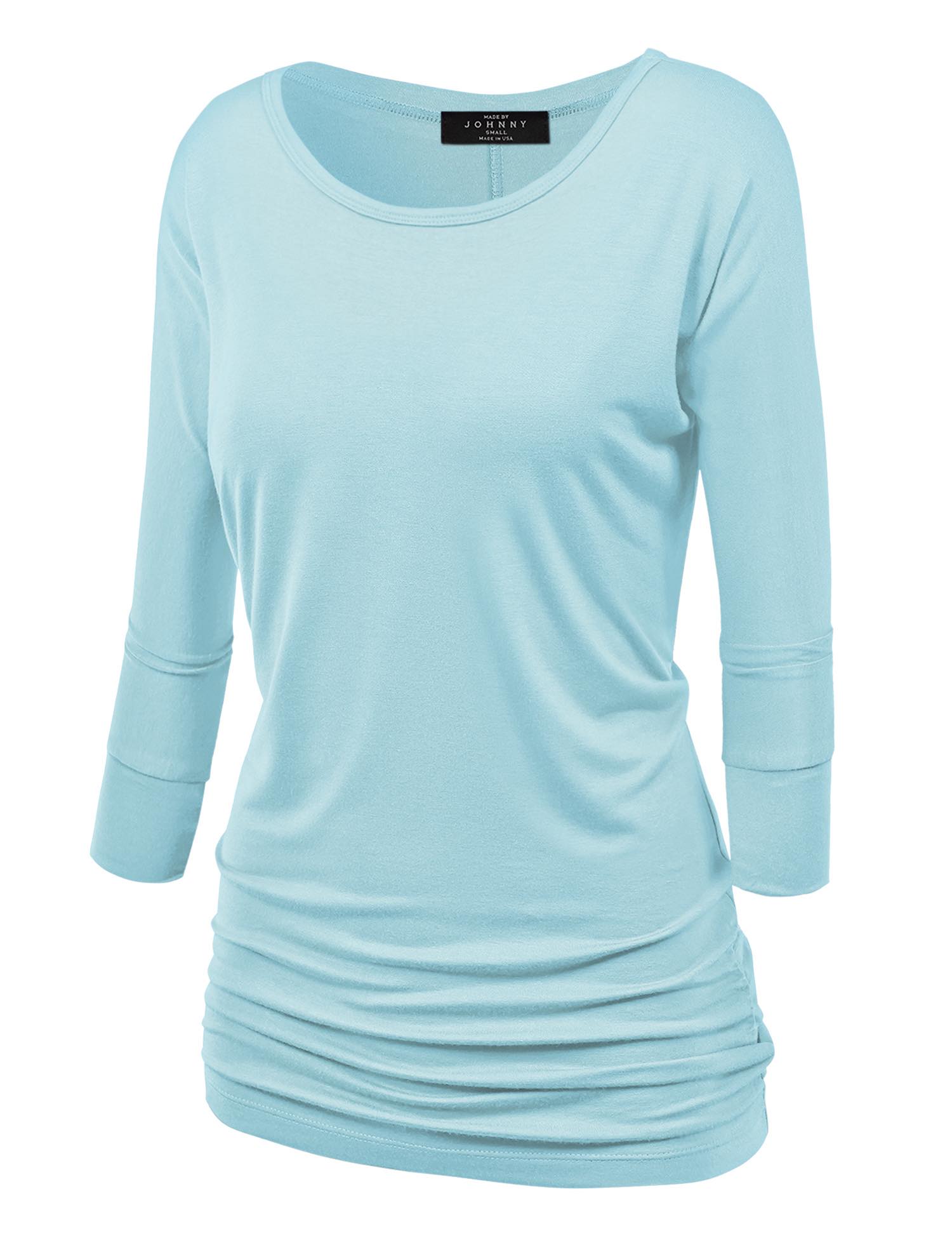 Women's Crew Neck 3/4 Sleeve Drape Dolman Top with Side Shirring