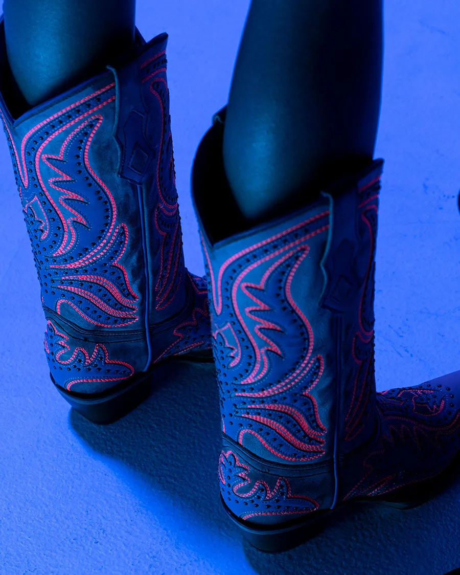 Women's Overlay with Fluorescent Embroidery & Studs Western Boots