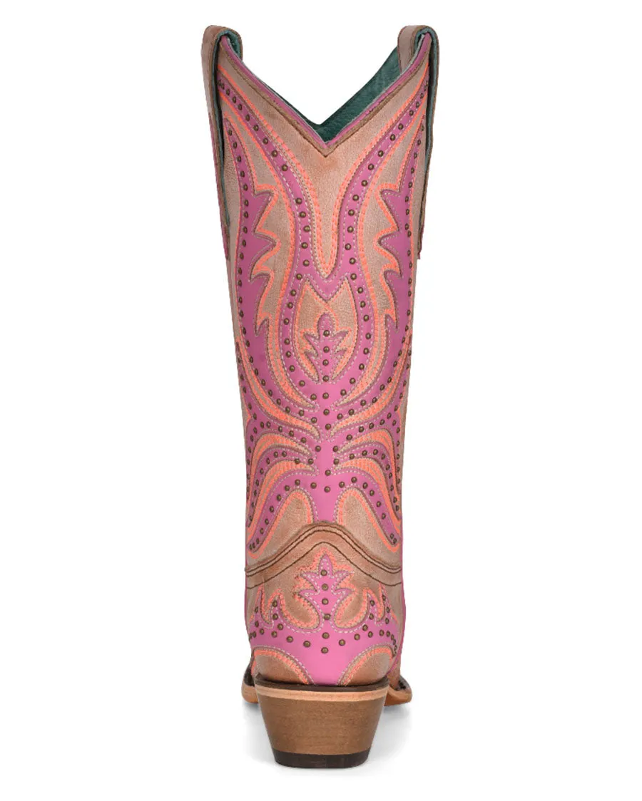 Women's Overlay with Fluorescent Embroidery & Studs Western Boots