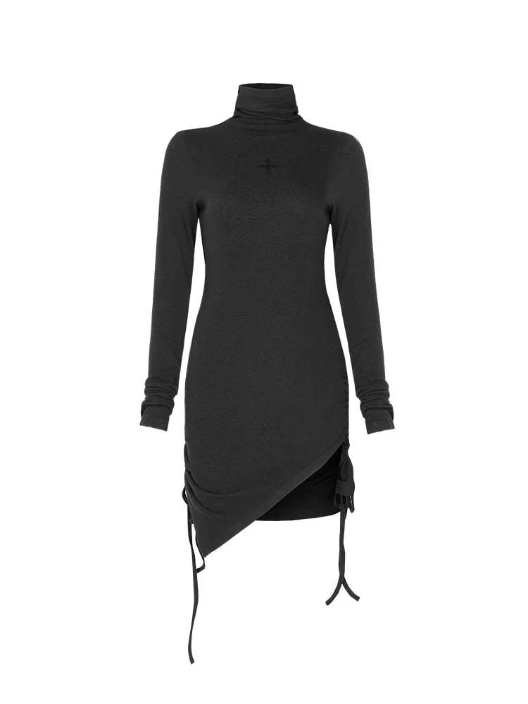 Women's Turtle Neck Cross Embroidered Ruched Fitted Dresses