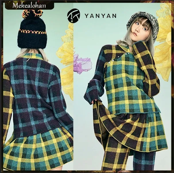 YanYan  |Tartan Wool Nylon Long Sleeves Cotton Medium