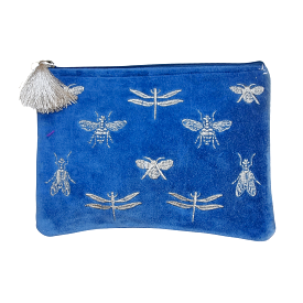 Zoda - Embroidered Velvet Clutch -  Blue Bees